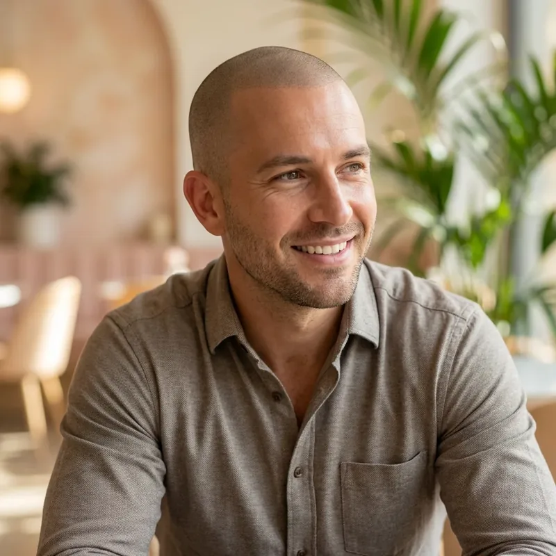 Man with a natural buzz-cut hairline created with scalp micropigmentation